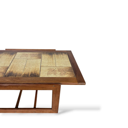 Mid-Century Teak & Tile Coffee Table – 1960s Sledge Base Design
