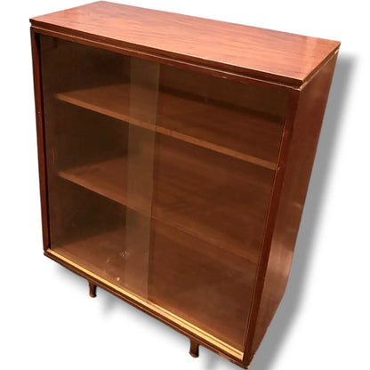 Mid Century Bookcase - Walnut Veneer Glazed Bookshelf With Sliding Doors