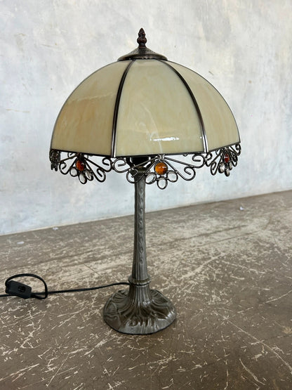 Vintage Tiffany Style Lamp – Stained Glass Table Lamp with Art Nouveau Metal Base