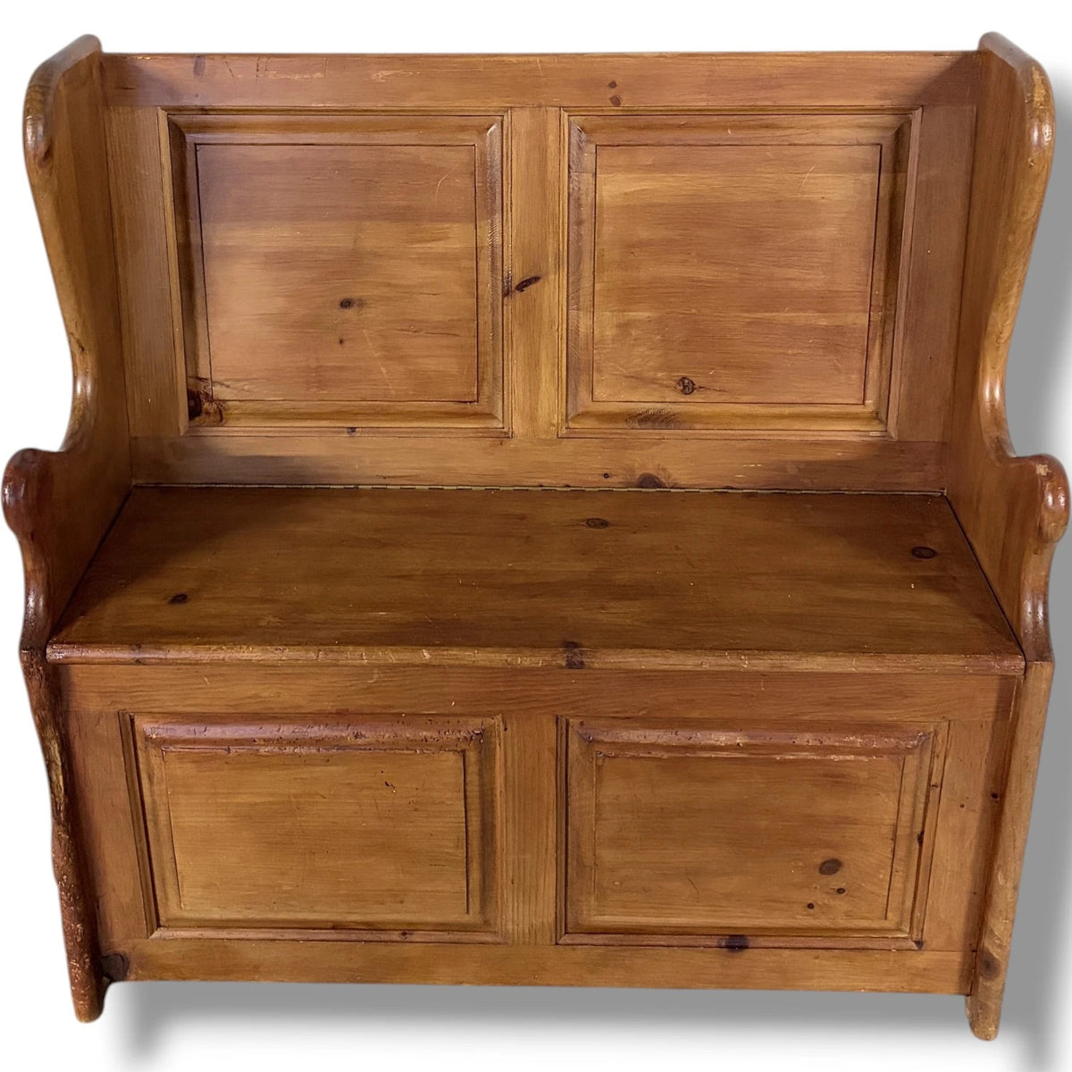 Antique Pine Monks Bench – Rustic Church Pew Style Hallway Storage Seat