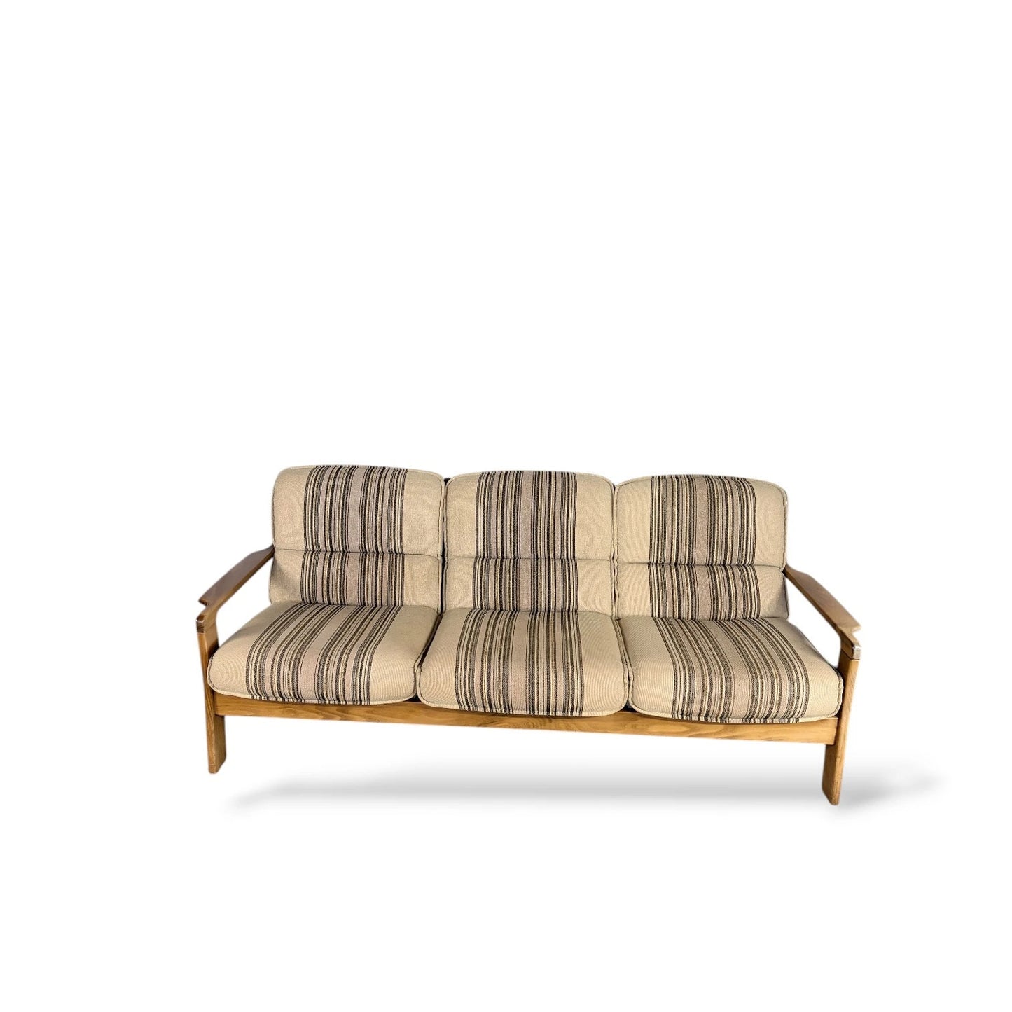 Danish Mid-Century Three-Seater Sofa | Brutalist Solid Wood Frame | Striped Woven Upholstery