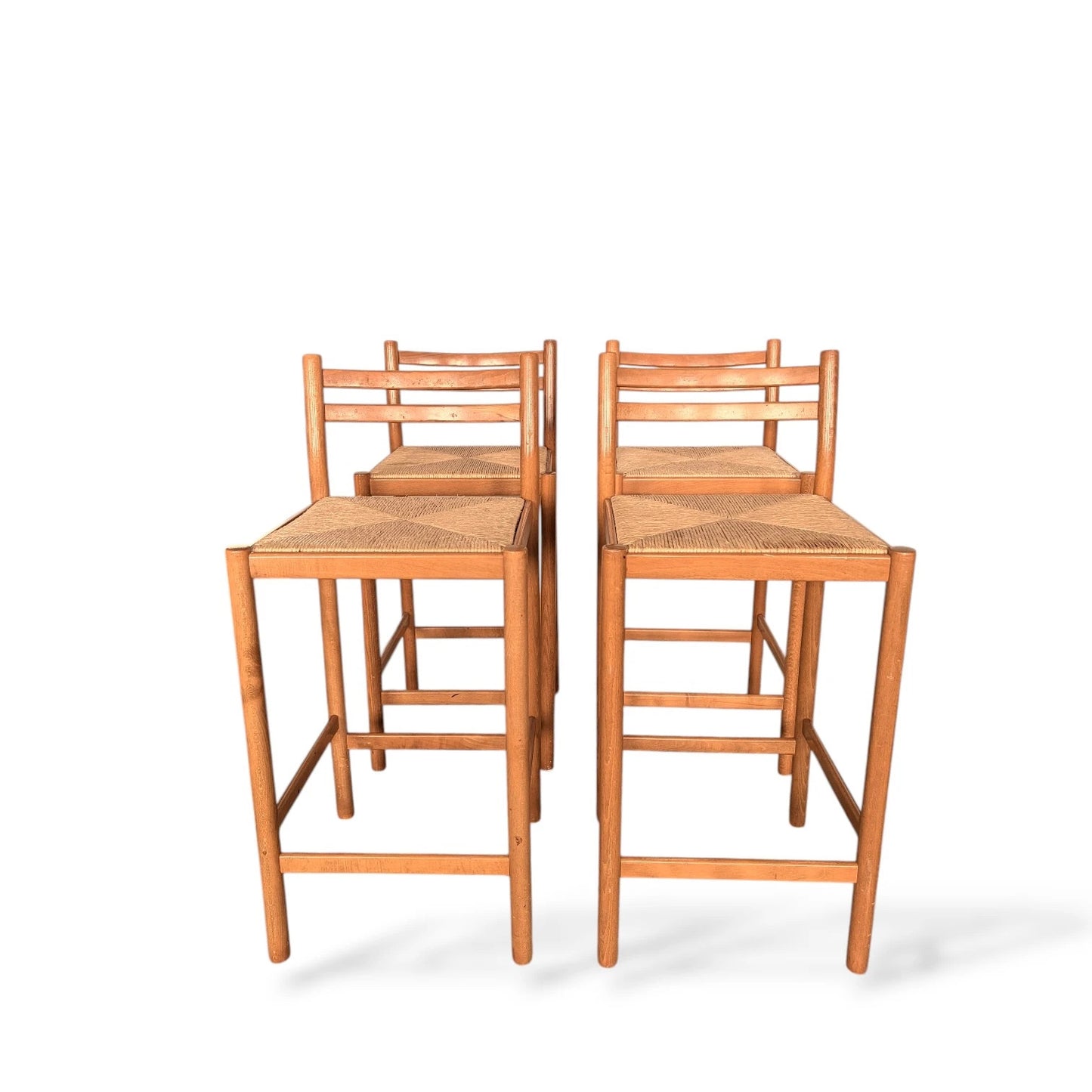 Set of 4 Mid-Century Beech & Rush Bar Stools – 1970s Habitat / Magistretti Style