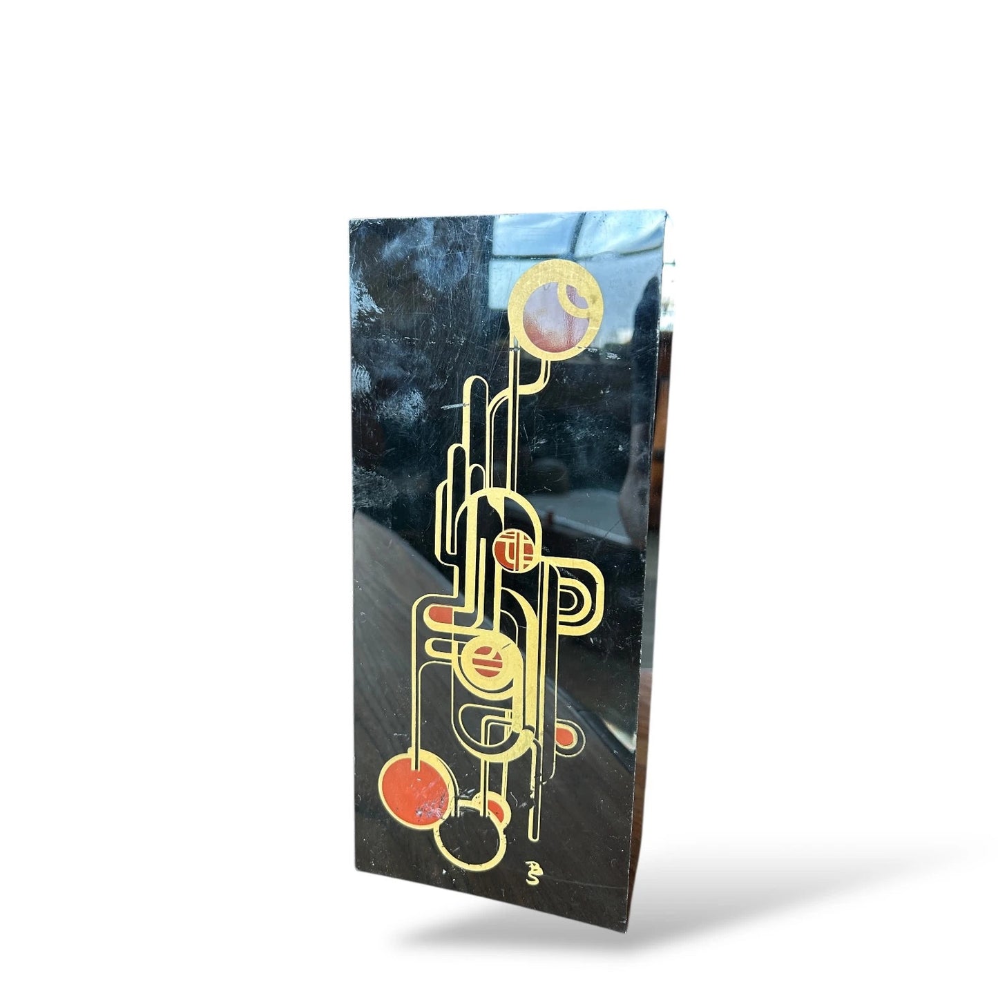 Vintage 1970s Black Geometric Table Lamp with Patterned Shade – Retro Mid Century Modern Lighting