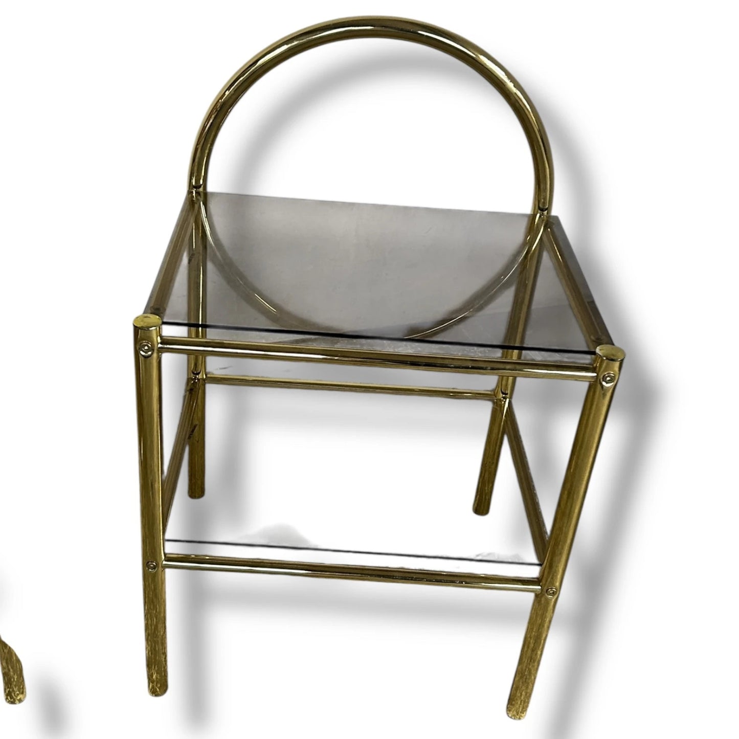 Mid Century Brass Gold and Smoked Glass Bedside Tables