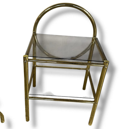 Mid Century Brass Gold and Smoked Glass Bedside Tables