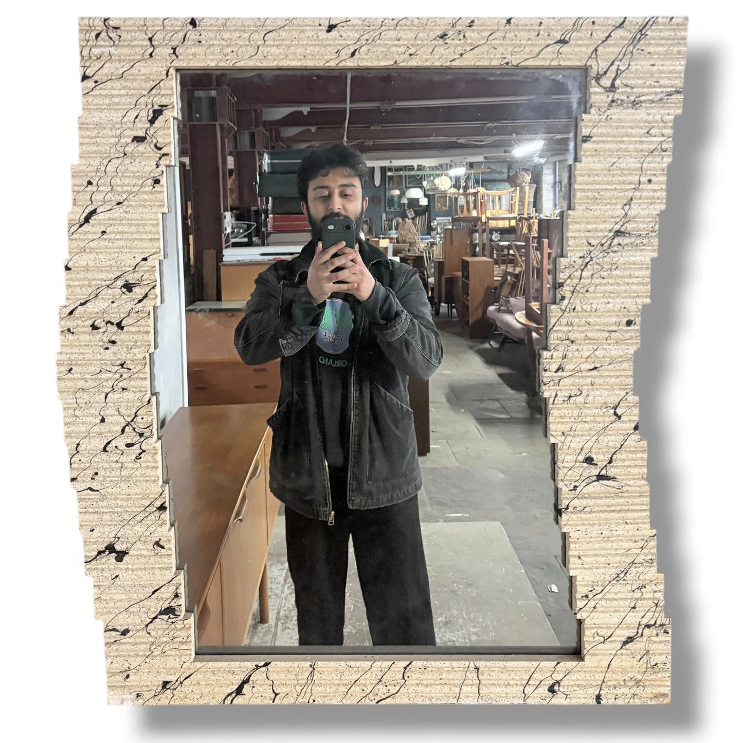 Textured Wall Mirror – Vintage Modernist Sculptural Frame | Neutral Tone Statement Piece