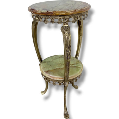 Vintage Onyx Plant Stand – Two Tier Green Onyx Shelves | Ornate Brass Frame
