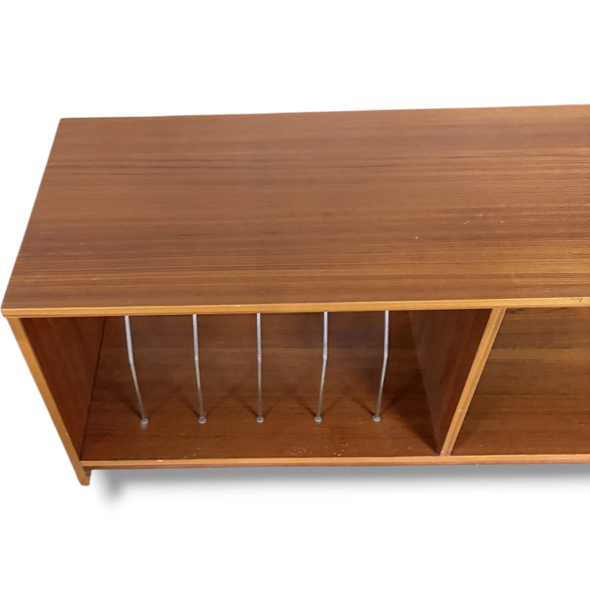 Mid Century Media Unit – Teak TV Stand with Vinyl Record Storage & Metal Wire Dividers
