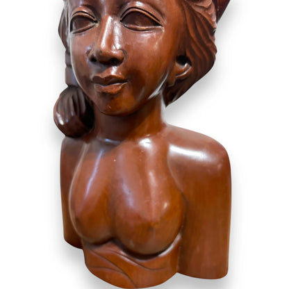 Vintage 1950s Indonesian Lady Bust Carving Wood Sculpture