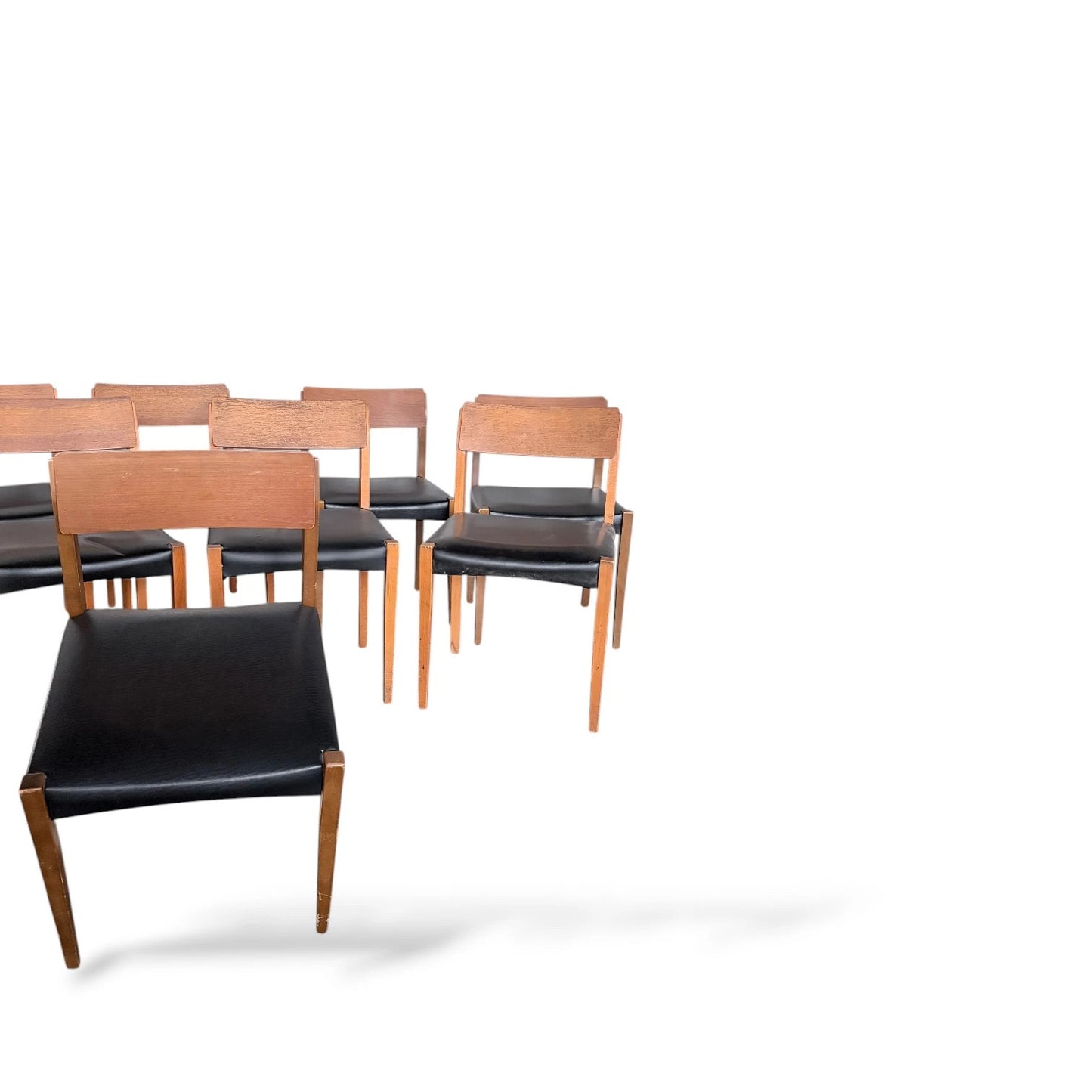 Set of Ten Teak Dining Chairs | Mid-Century Modern | Black Vinyl Seats