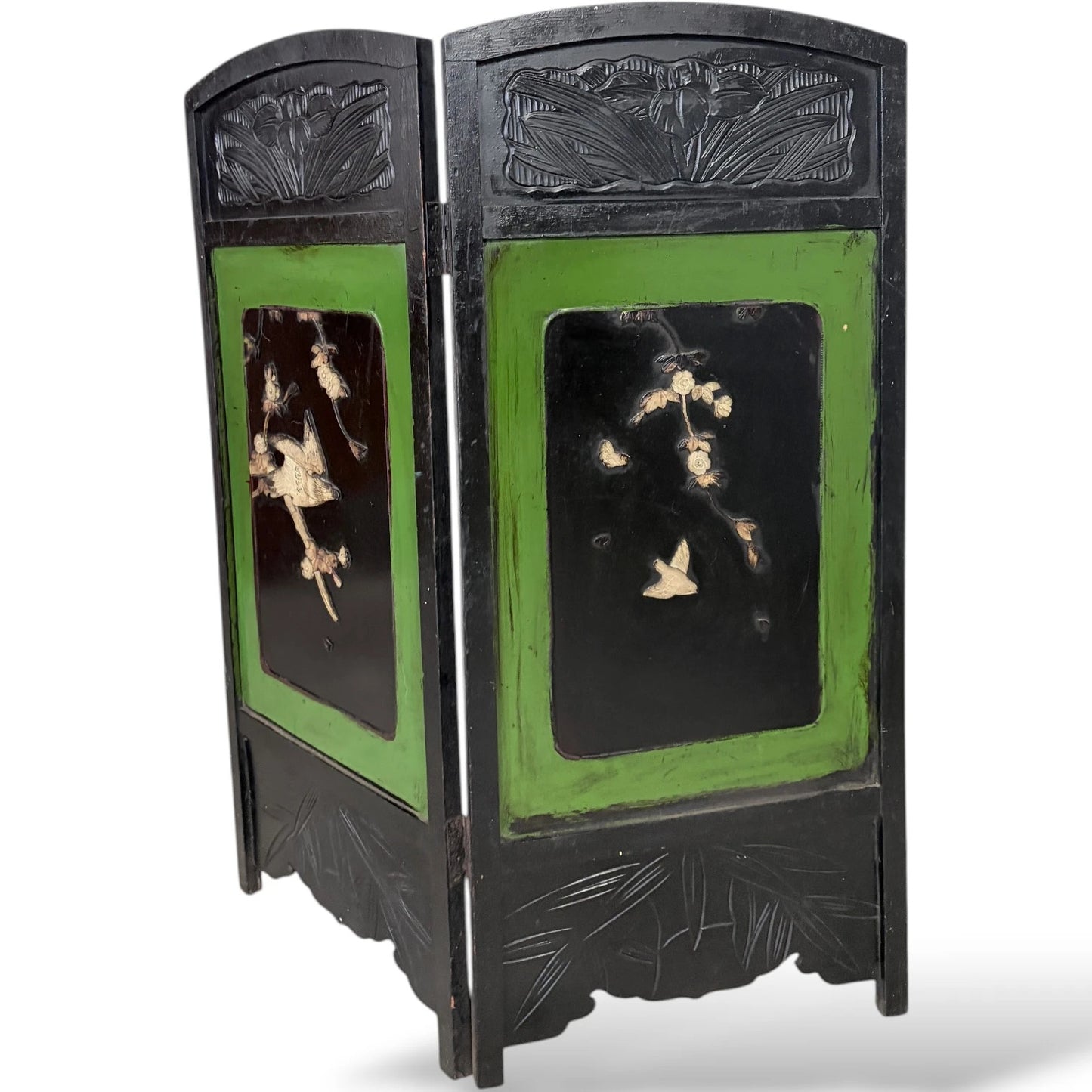 Japanese Lacquered Two-Panel Folding Screen – Hand-Carved & Painted Divider