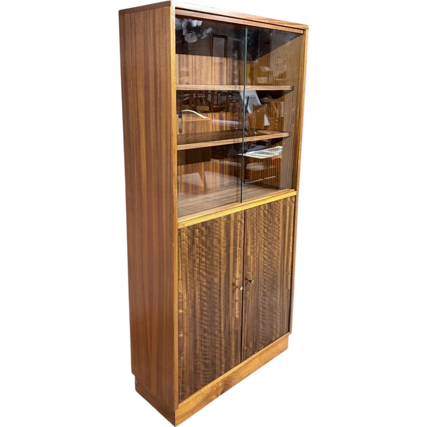 Mid-Century Bookcase | Teak And Walnut Cabinet With Sliding Glass Doors