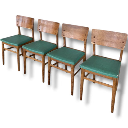 Vintage Oak Dining Chairs - Set of Four Solid Oak Chairs with Green Upholstered Seats