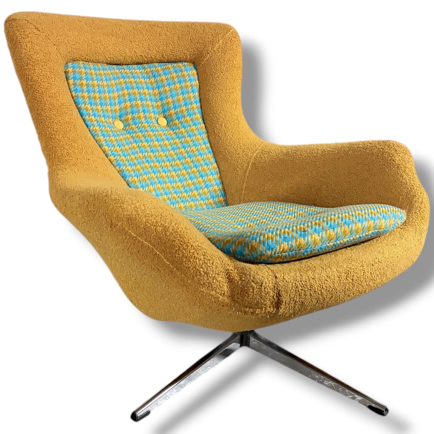 Mid-Century Swivel Chair - Mustard Fabric Lounge With Patterned Cushions & Chrome Base — view 5