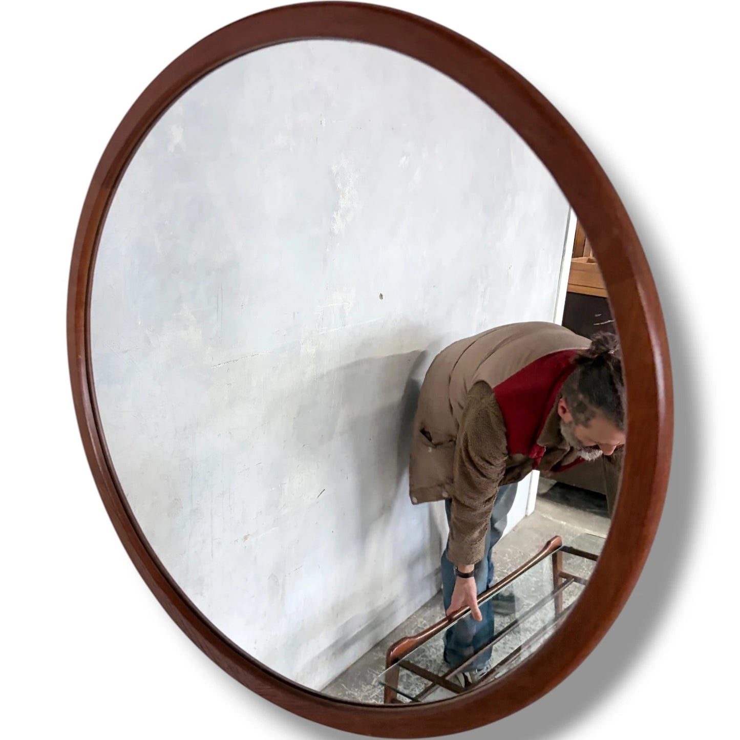 Mid Century Teak Mirror - Danish Round Wall Mirror with Solid Frame, Vintage