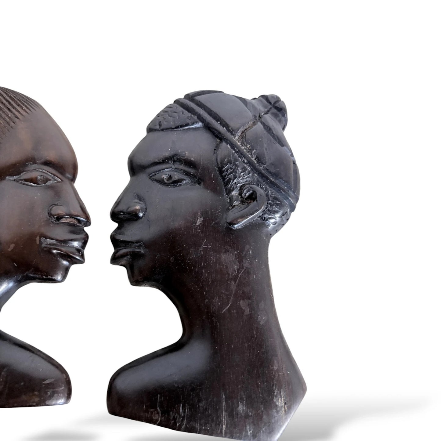 Pair of Vintage Ebonised Wood Busts – Hand-Carved African Figures