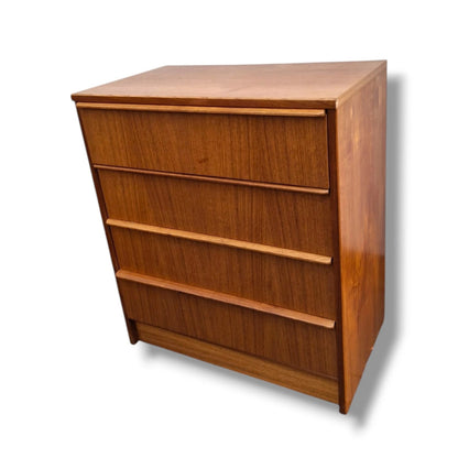 Mid-Century Teak Chest | Vintage Four Drawer Dresser With Solid Wood Handles