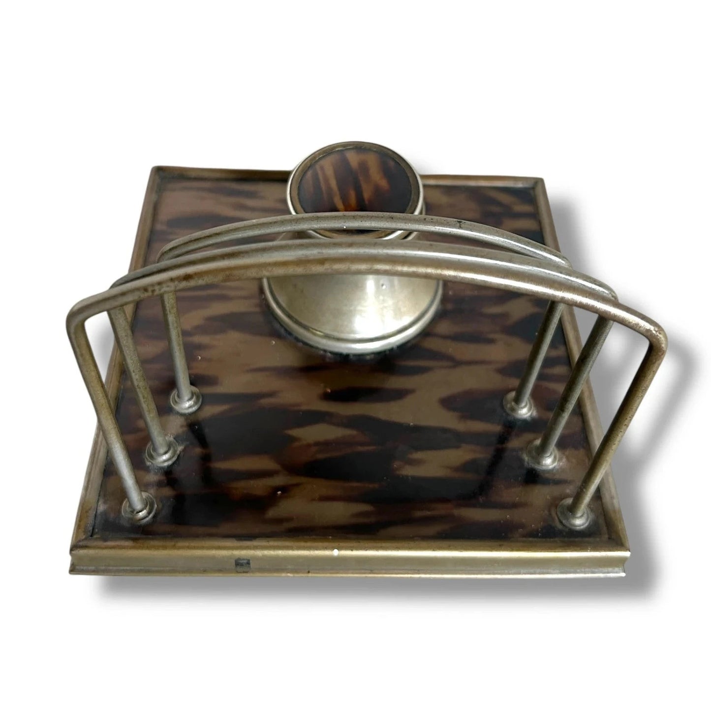 Tortoiseshell Ink Well | 19th Century Antique Desk Organiser with Aged Metal Detailing
