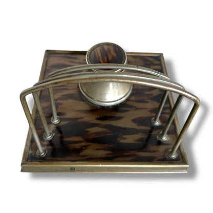 Tortoiseshell Ink Well | 19th Century Antique Desk Organiser with Aged Metal Detailing