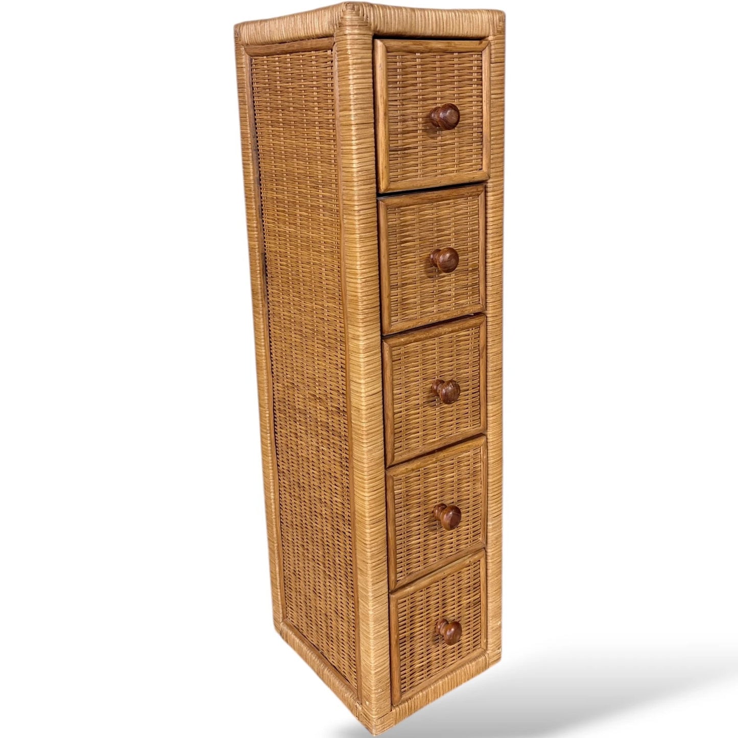 Vintage Wicker Tallboy Drawers – 1970s Natural Rattan Storage Unit Tallboy