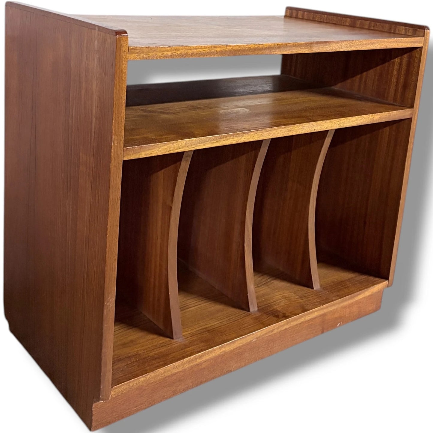 Teak Vinyl Storage Cabinet – Mid Century Media Cabinet with Dividers & Open Shelf