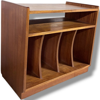 Teak Vinyl Storage Cabinet – Mid Century Media Cabinet with Dividers & Open Shelf