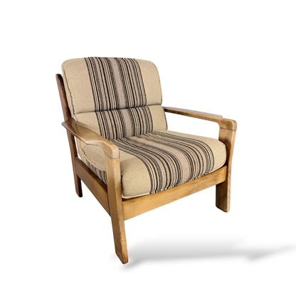 Danish Mid-Century Armchair | Solid Wood Frame & Striped Fabric Upholstery