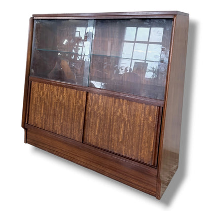 Vintage Sliding Door Bookcase | Mid Century Wooden Display Cabinet With Adjustable Glass Shelves