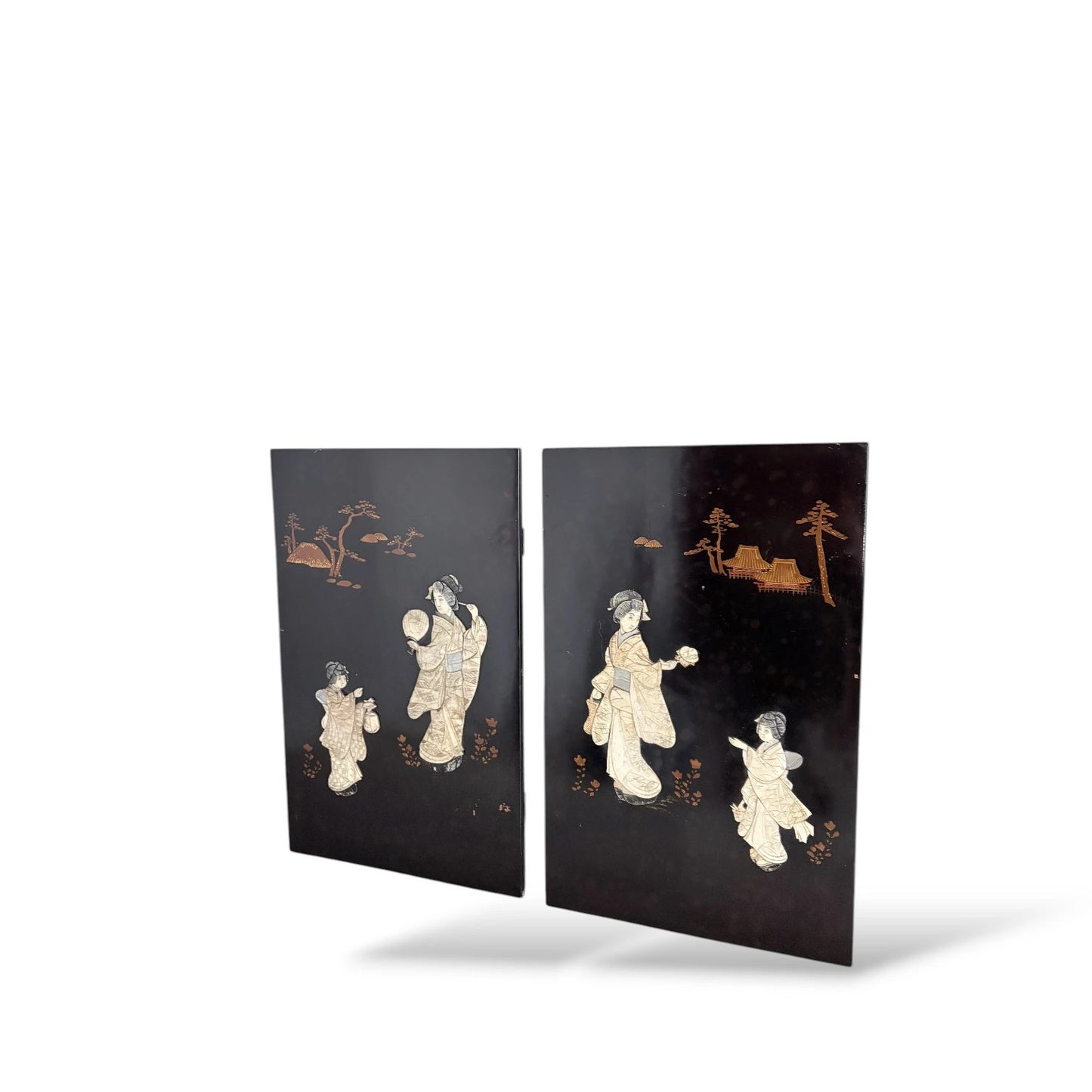 Pair of Vintage Japanese Mother-of-Pearl Panels – Ebonised Wood