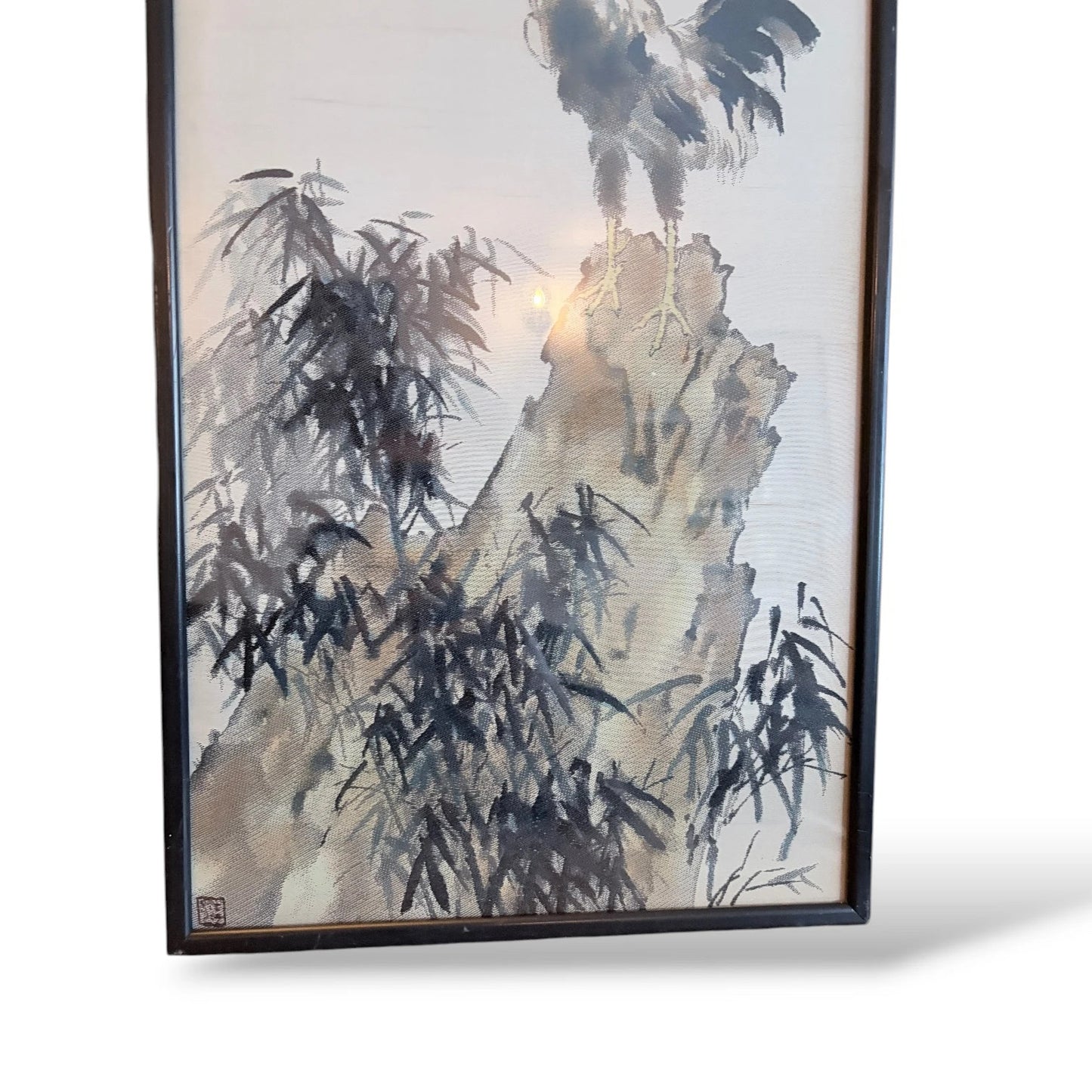 Framed Oriental Rooster Painting – Vintage Ink Wash Art on Silk