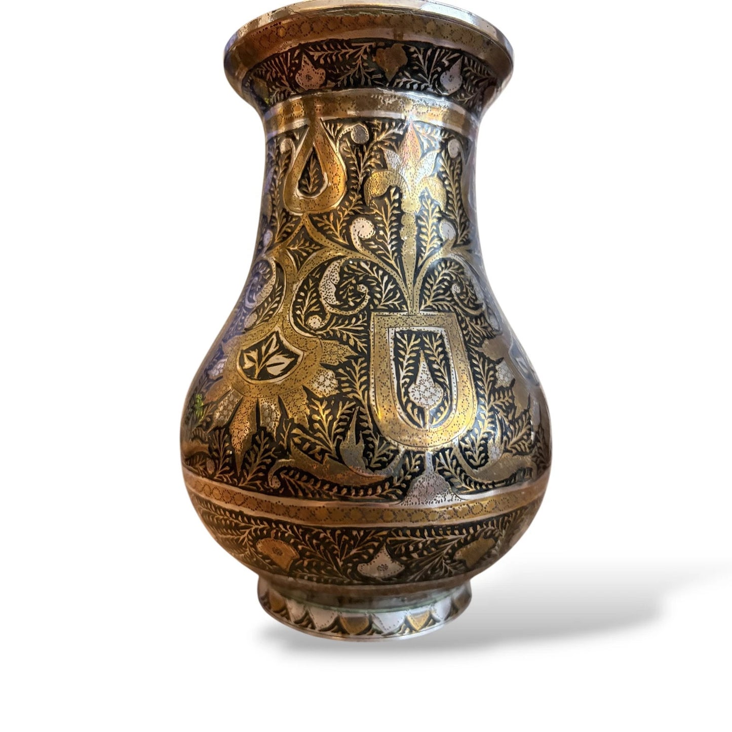 Vintage Brass and Silver Inlaid Vase – Hand-Etched Kashmiri Indian Bidri-Style Metalwork Vessel