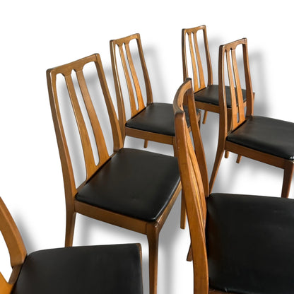 Mid Century Modern Nathan Teak and Black Vinyl Set of Six Dining Chairs