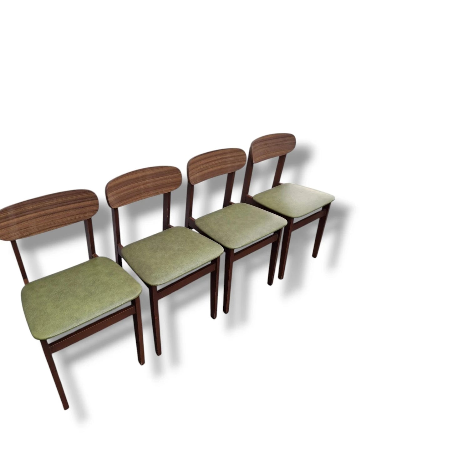 Mid Century Dining Chairs - Set of Four Teak Frames with Green Vinyl Seats