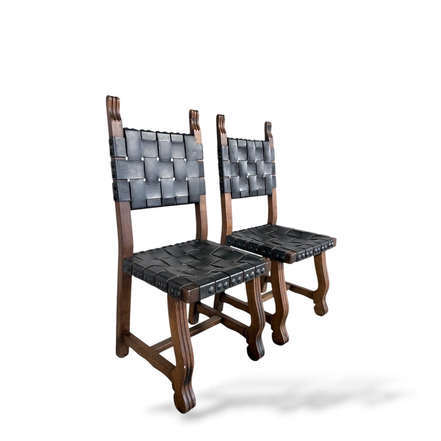 Pair of Vintage Navarro Argudo Spanish Brutalist Chairs – Wood and Woven Leather