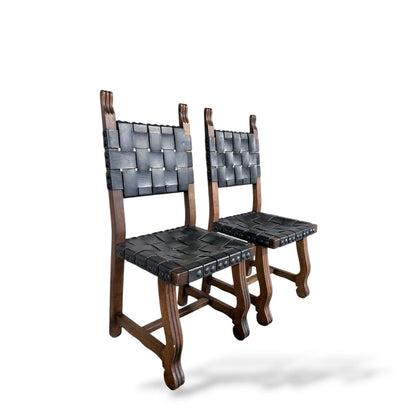 Pair of Vintage Navarro Argudo Spanish Brutalist Chairs – Wood and Woven Leather