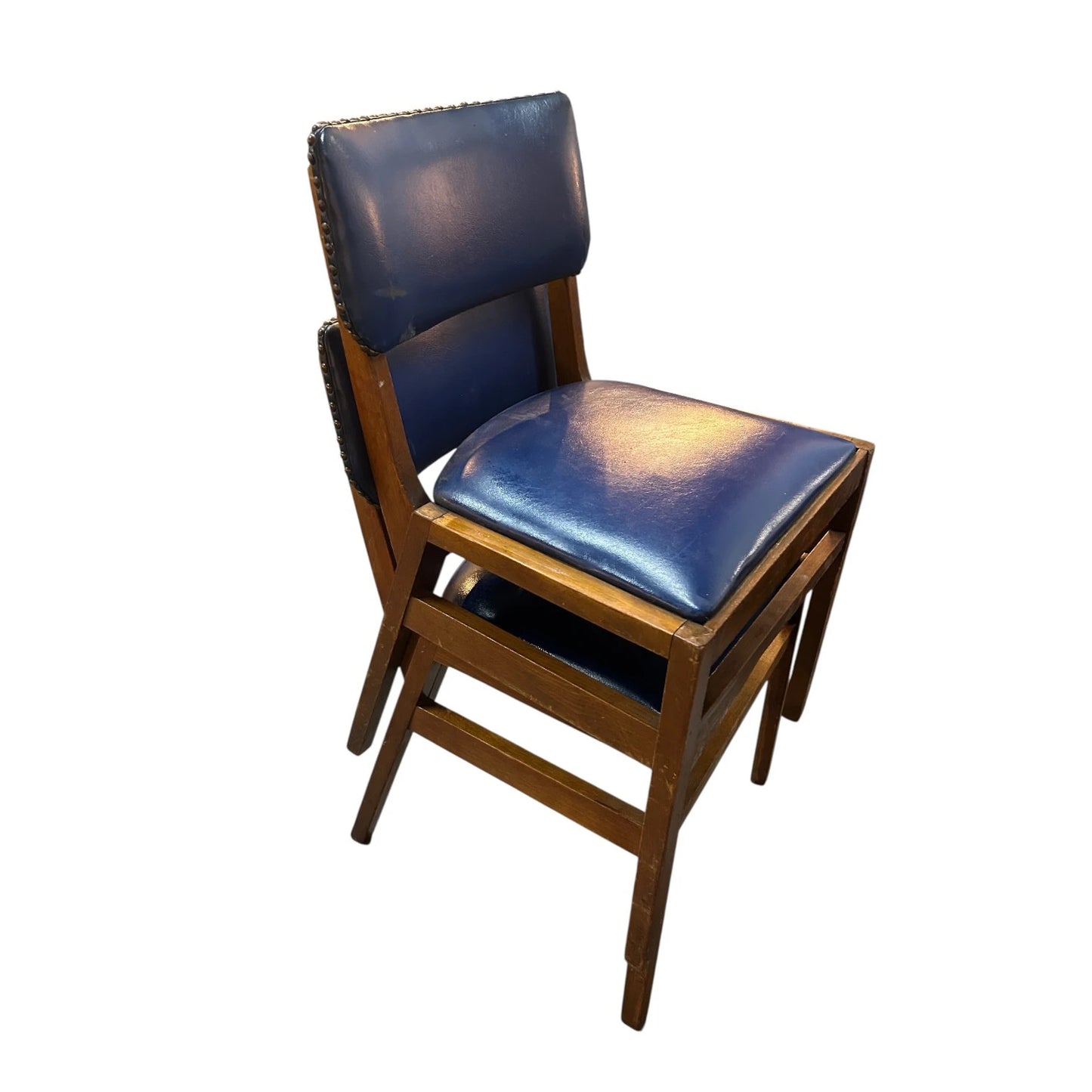 Set of 4 Vintage 1960s Ben Stoe Stacking Dining Chairs – Blue Vinyl & Teak Frame