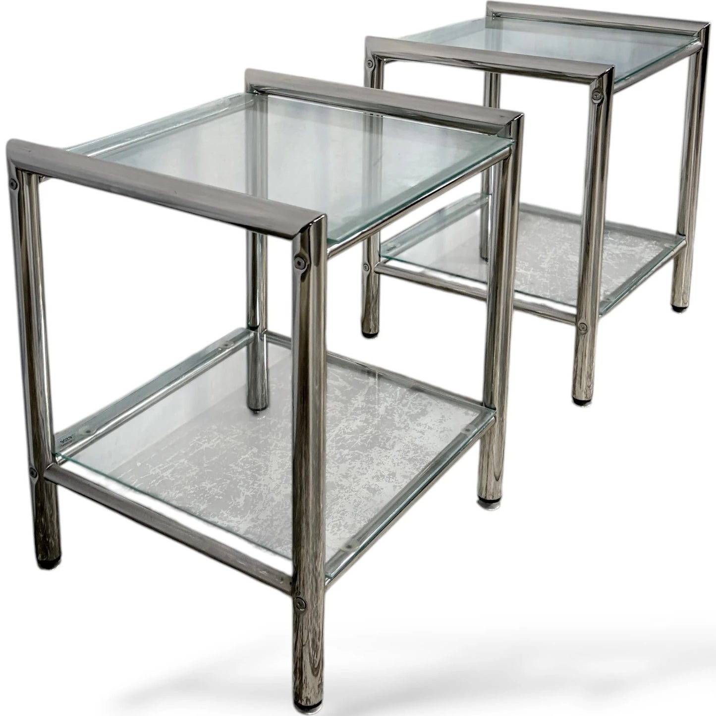 Chrome Glass Bedside Tables – Mid Century Modern Square Two Tier Nightstands