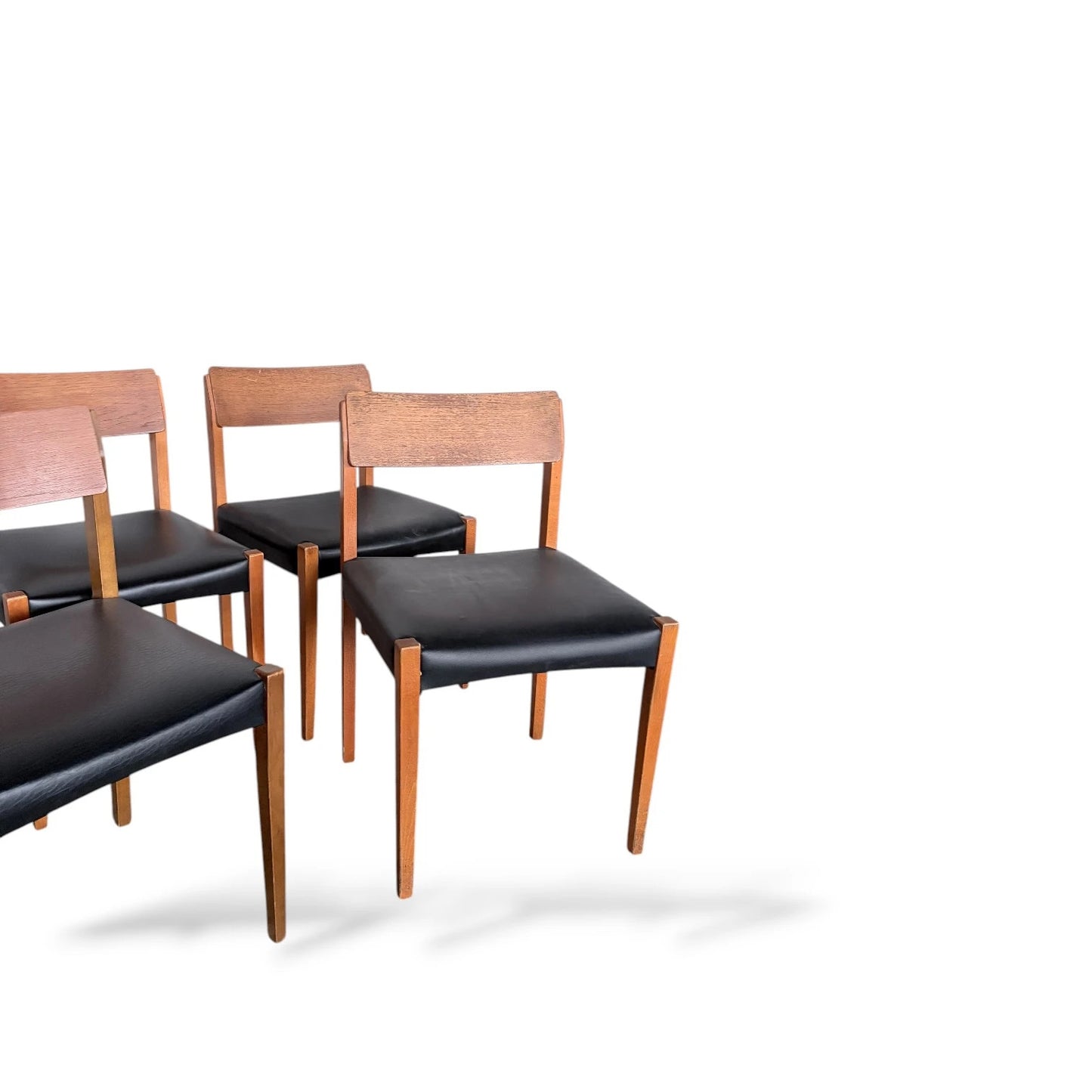 Set of Four Teak Dining Chairs | Mid-Century Modern | Black Vinyl Seats