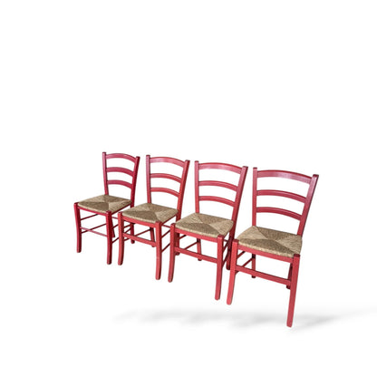 Set of Four Italian Red Oak Ladderback Chairs with Rush Seats