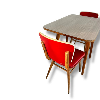 Mid Century Modern Taupe Formica Drop Leaf Table & Red Vinyl Chairs Dining Set