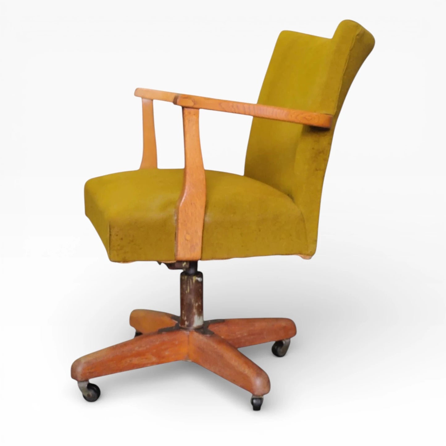 Vintage Swivel Desk Chair - Solid Oak Frame, Mustard Yellow Upholstery, Compact Design — view 5