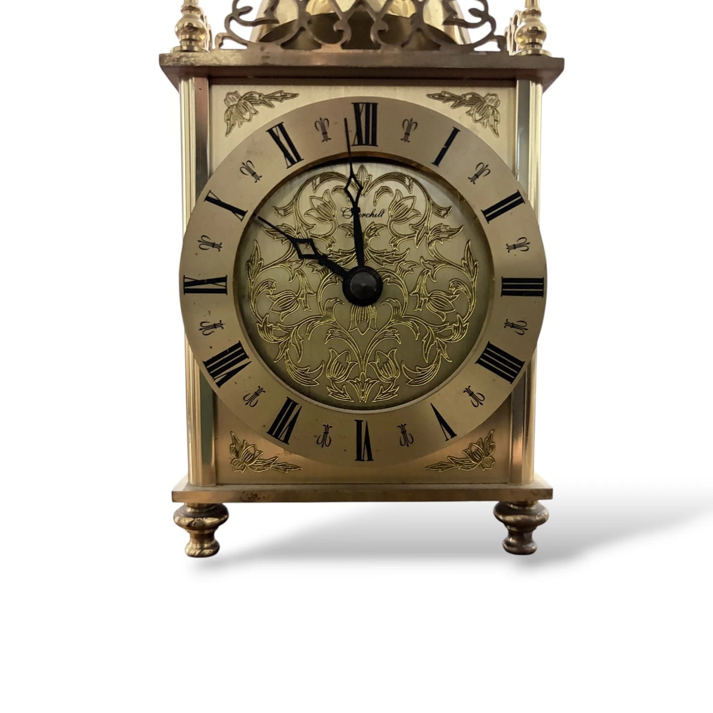 Vintage Brass Lantern Clock by Greenhall | Ornate Wind-Up Mantel Clock with Roman Numerals