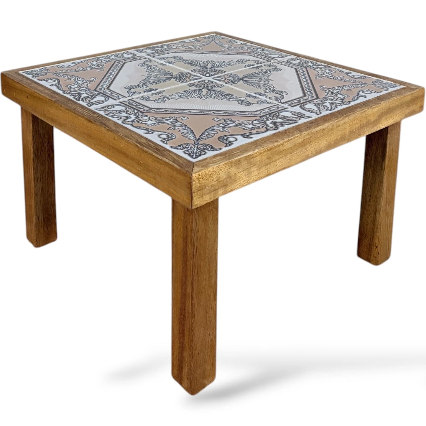 Tiger Oak Side Table – Mid Century Rustic End Table with French Tile