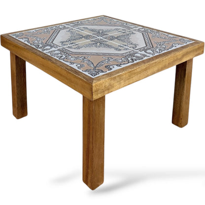 Tiger Oak Side Table – Mid Century Rustic End Table with French Tile