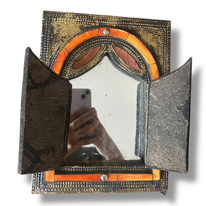 Vintage 1970s Brass and Bone Moroccan Window Mirror