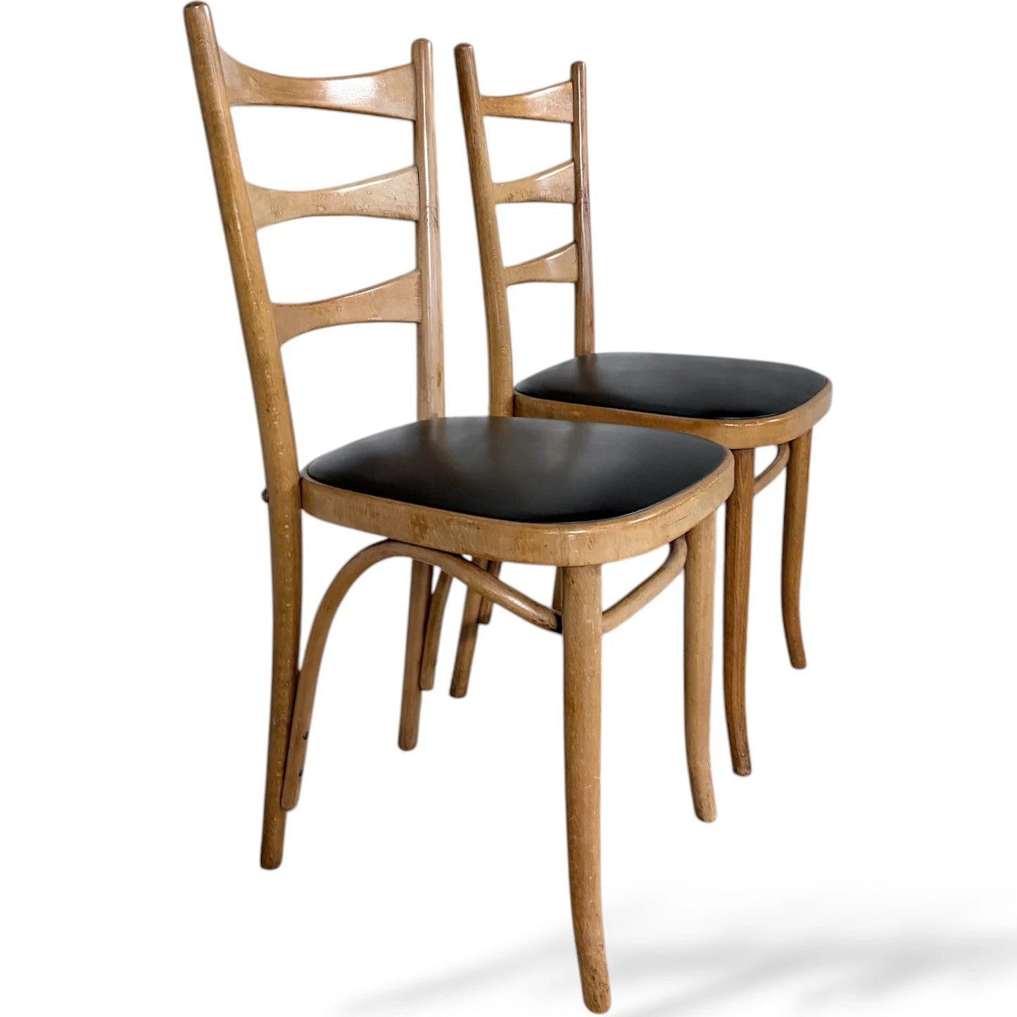 Pair of Bentwood Beech Dining Chairs with Black Vinyl Seats – Mid-Century Style