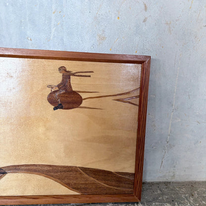 Mid Century Handcrafted Wood Marquetry Landscape Wall Art – Framed