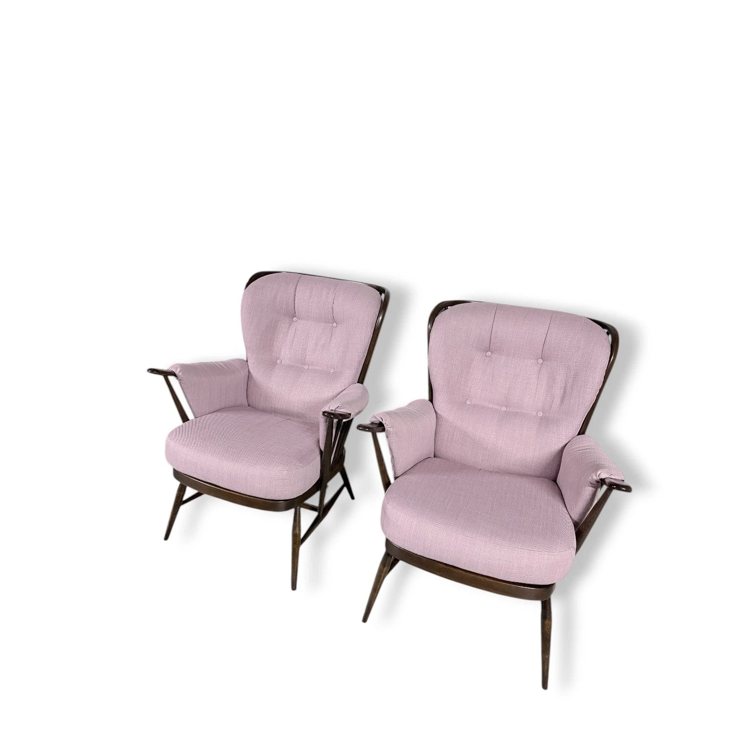 Ercol Everest Armchairs – Mid-Century Dark Beech Chairs with Dusty Pink Upholstery — view 5