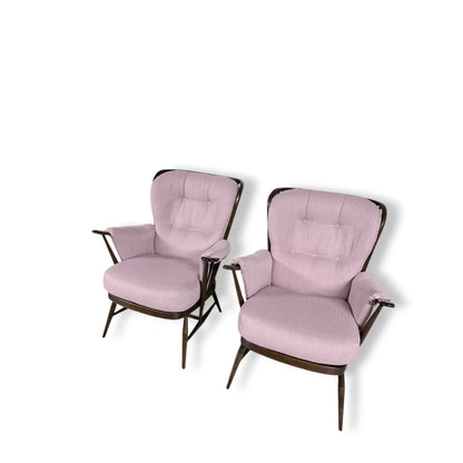 Ercol Everest Armchairs – Mid-Century Dark Beech Chairs with Dusty Pink Upholstery — view 5