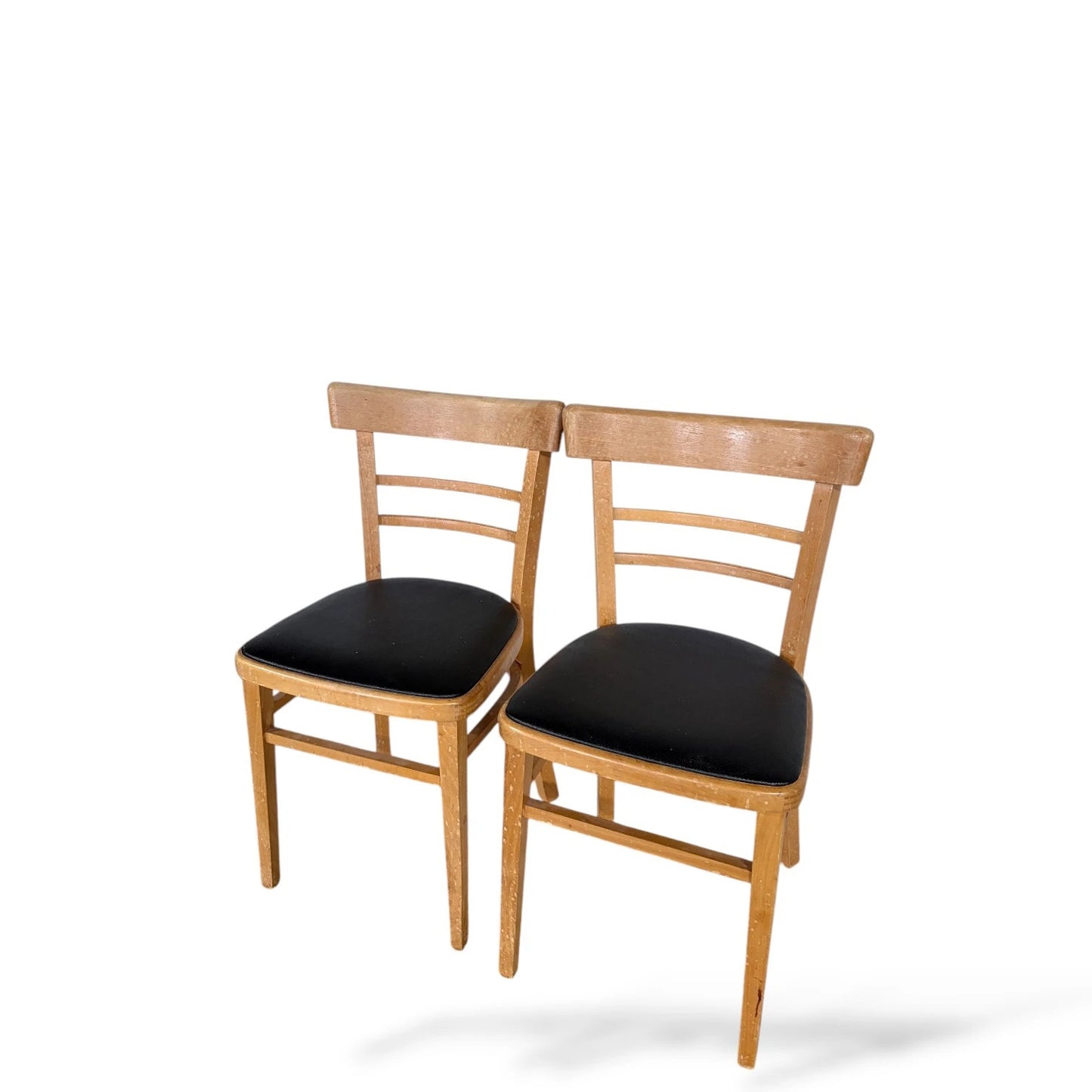 Pair of Vintage Beech Dining Chairs with Black Vinyl Seats – Mid-Century